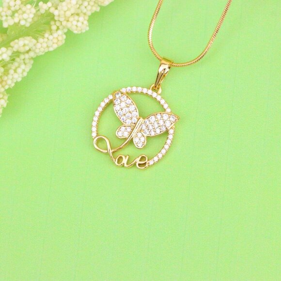 "Rose Gold Butterfly Pendant with Crystals and 'Love' Design, XPPT1478 - Picture 9 of 13